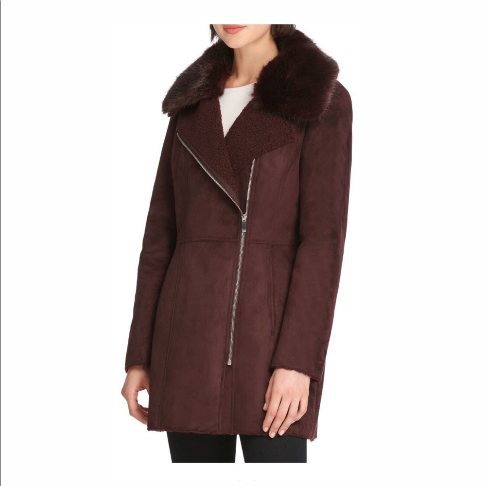 Donna Karan Faux Fur Accented Faux Suede Coat